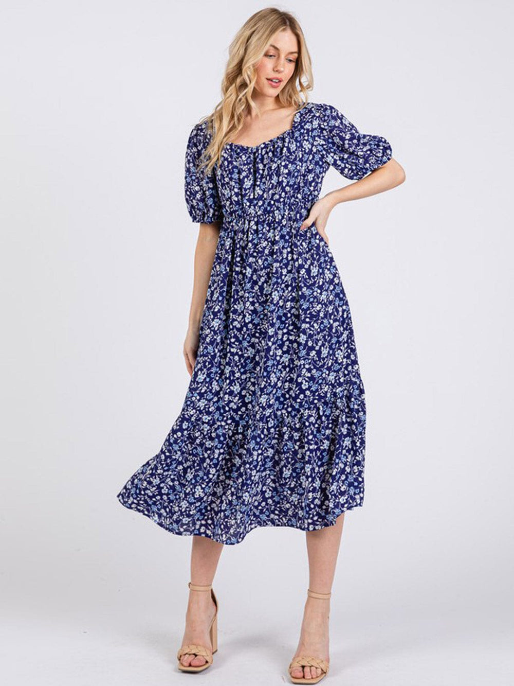 WOMEN'S SHORT SLEEVES ELASTIC WAIST FRONT POCKETS TIERED FLORAL MIDI DRESS