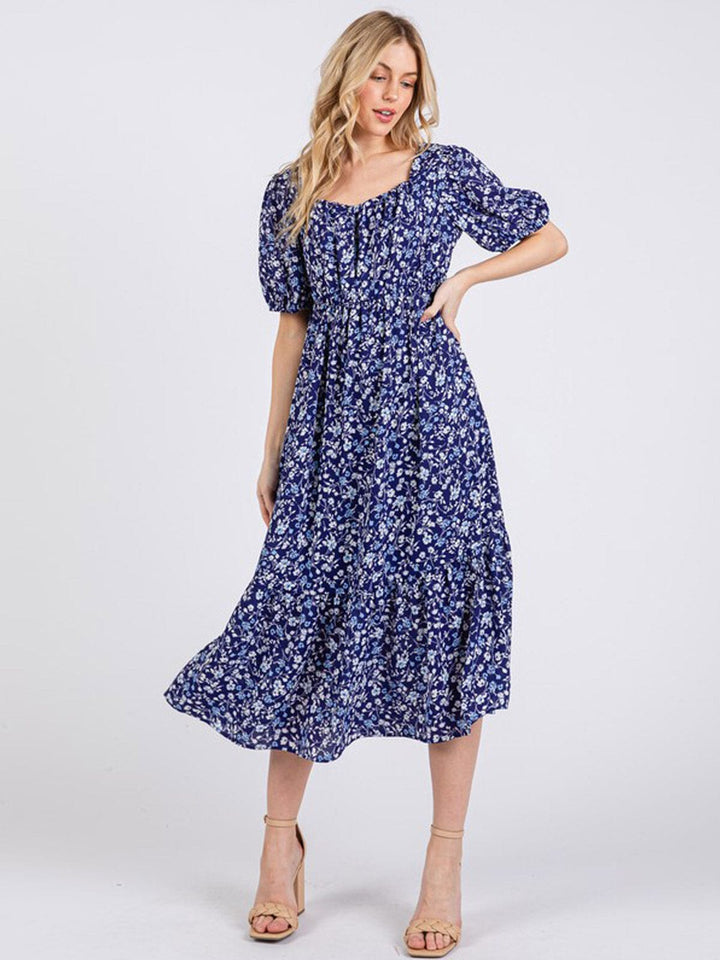WOMEN'S SHORT SLEEVES ELASTIC WAIST FRONT POCKETS TIERED FLORAL MIDI DRESS