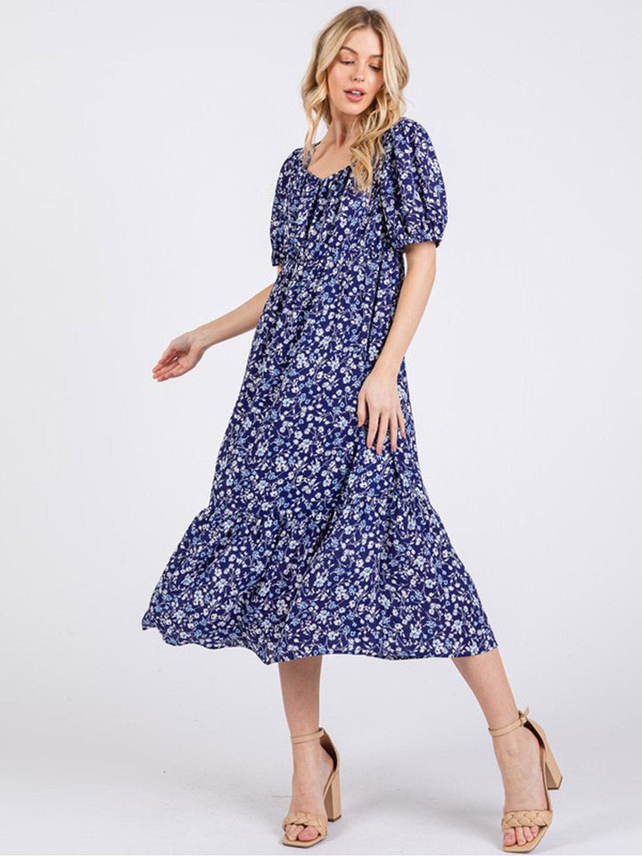 WOMEN'S SHORT SLEEVES ELASTIC WAIST FRONT POCKETS TIERED FLORAL MIDI DRESS