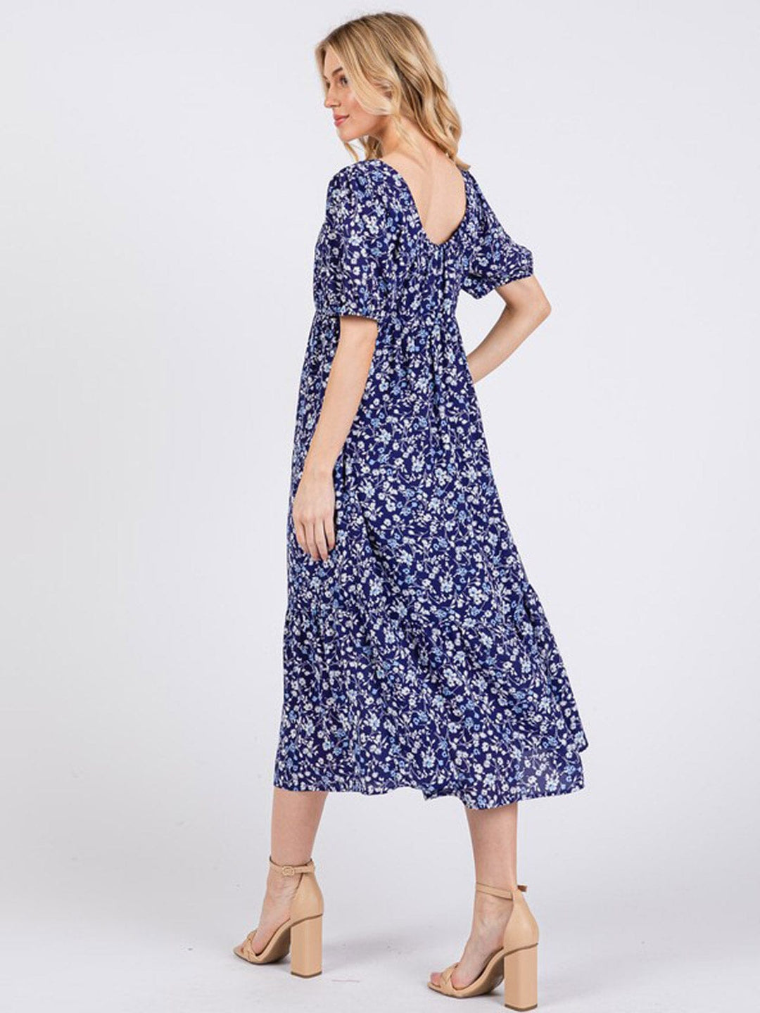 WOMEN'S SHORT SLEEVES ELASTIC WAIST FRONT POCKETS TIERED FLORAL MIDI DRESS
