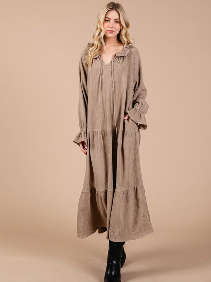 WOMEN'S LONG SLEEVE V-NECK FRONT POCKETS TIERED MAXI DRESS