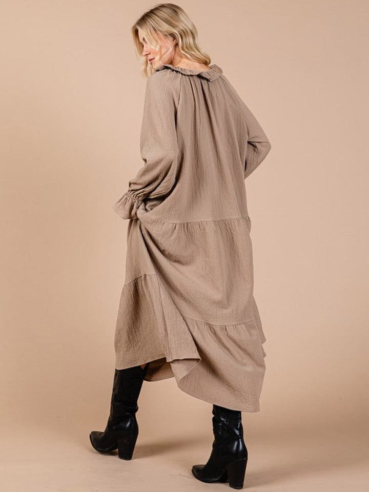 WOMEN'S LONG SLEEVE V-NECK FRONT POCKETS TIERED MAXI DRESS