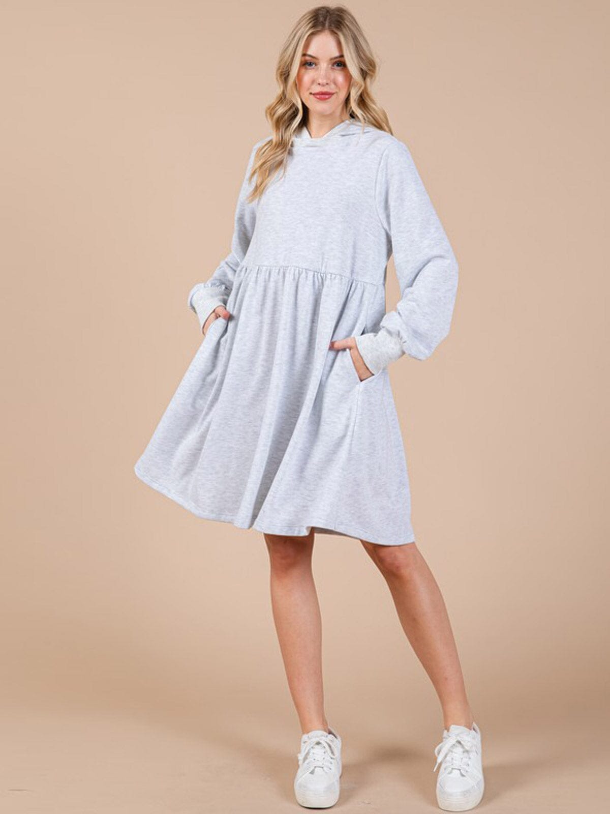 WOMEN'S LONG SLEEVE HOODED LOOSED FIT FRONT POCKETS MINI DRESS