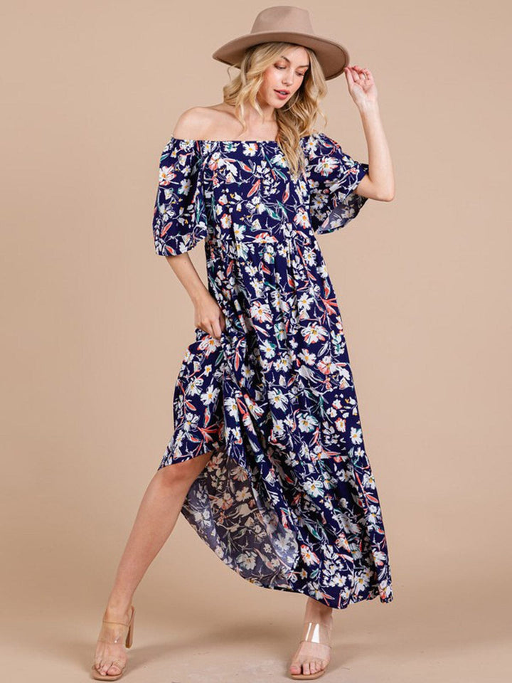 WOMEN'S SHORT SLEEVE FRONT POCKETS FLORAL MAXI DRESS