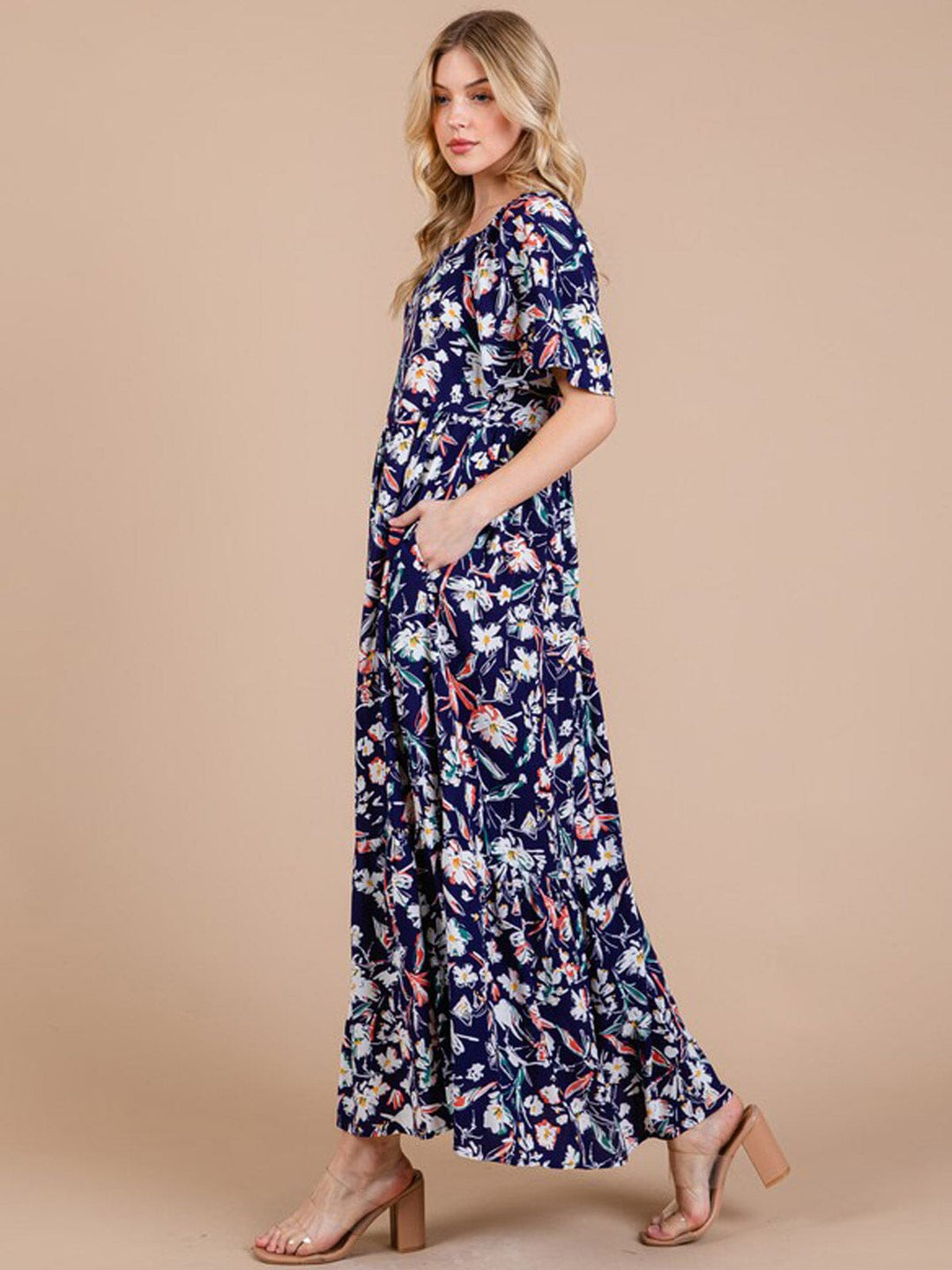 WOMEN'S SHORT SLEEVE FRONT POCKETS FLORAL MAXI DRESS