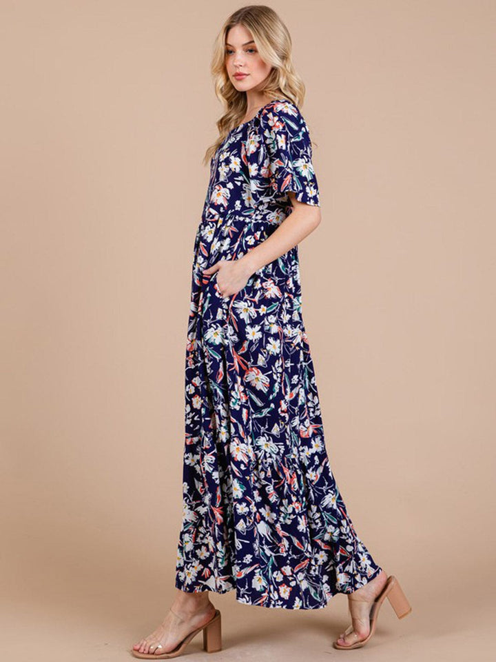 WOMEN'S SHORT SLEEVE FRONT POCKETS FLORAL MAXI DRESS