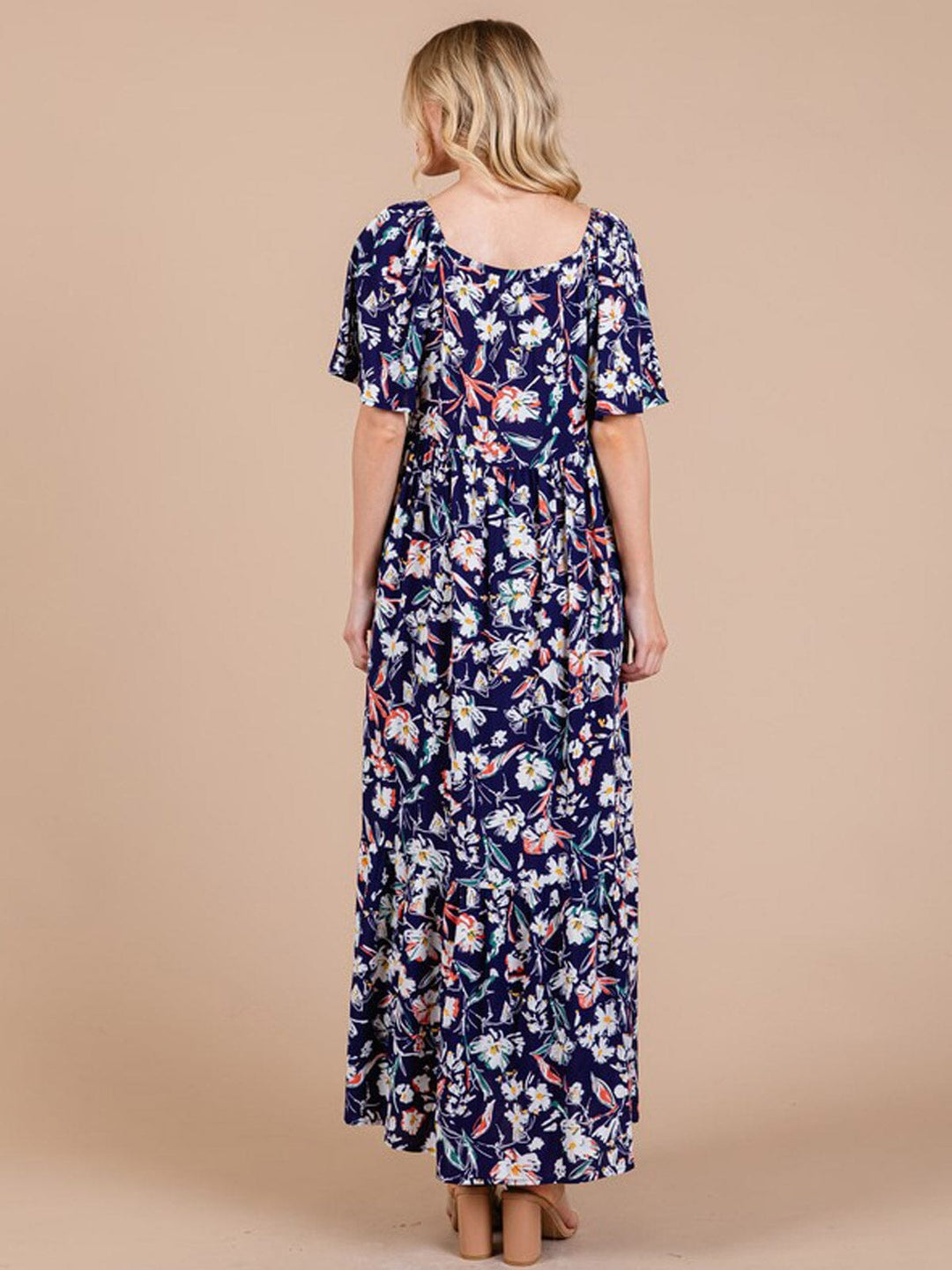 WOMEN'S SHORT SLEEVE FRONT POCKETS FLORAL MAXI DRESS