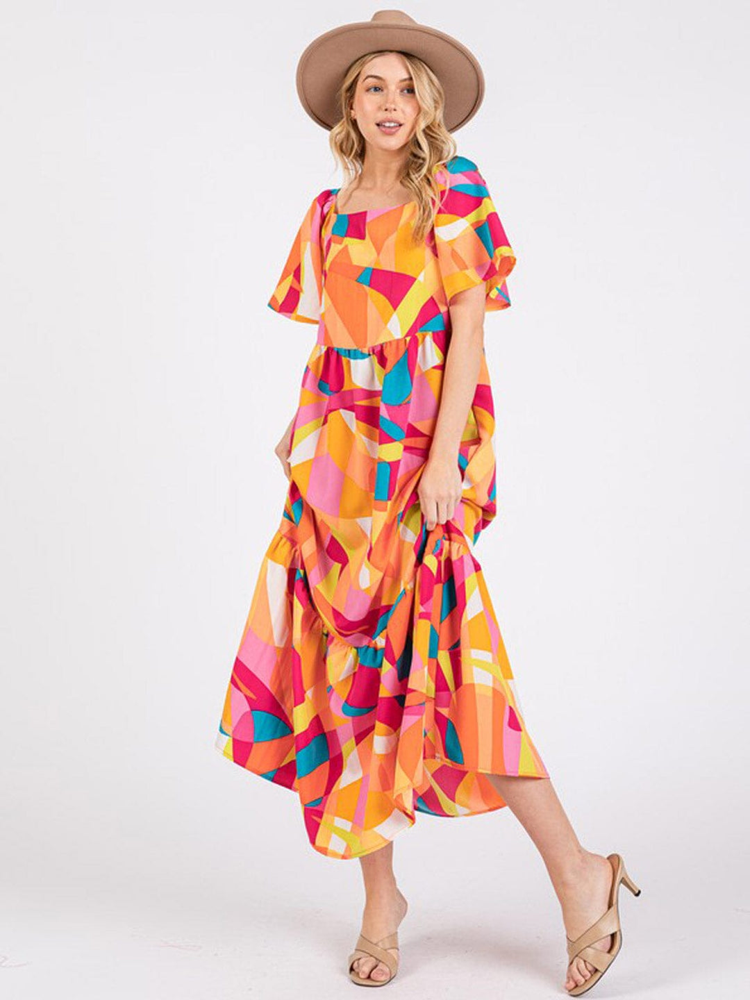 WOMEN'S SHORT SLEEVE FRONT POCKETS MULTI PRINT MAXI DRESS