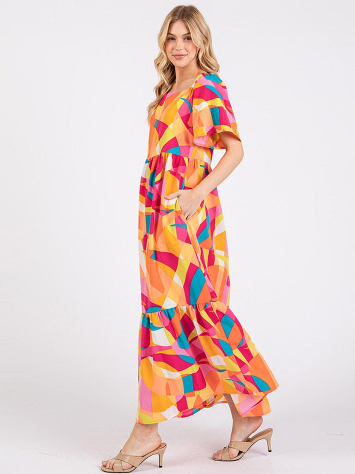 WOMEN'S SHORT SLEEVE FRONT POCKETS MULTI PRINT MAXI DRESS
