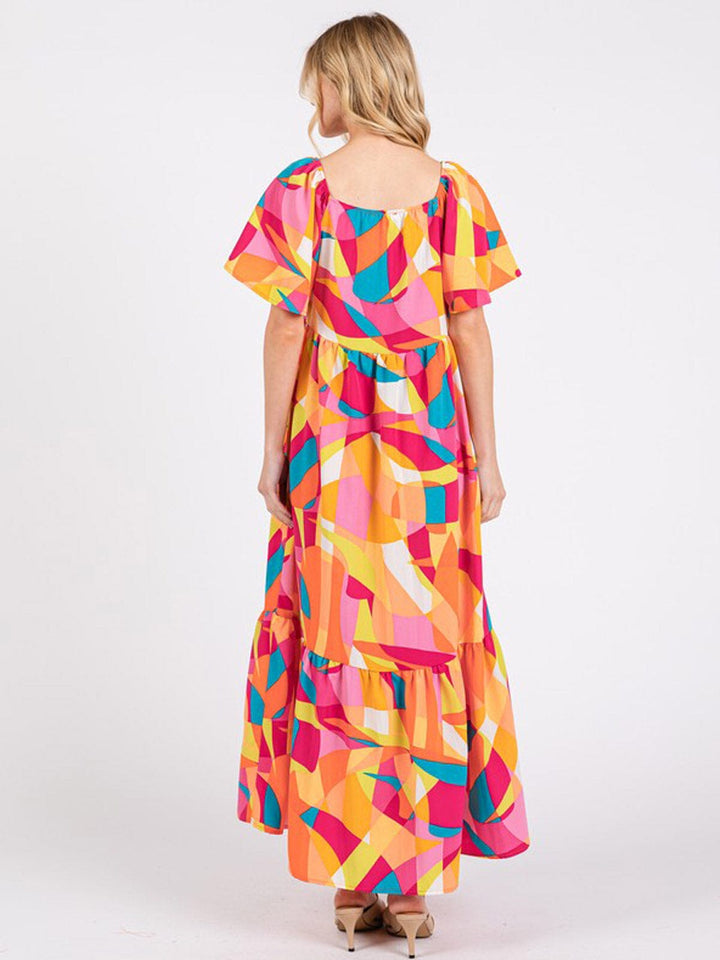 WOMEN'S SHORT SLEEVE FRONT POCKETS MULTI PRINT MAXI DRESS