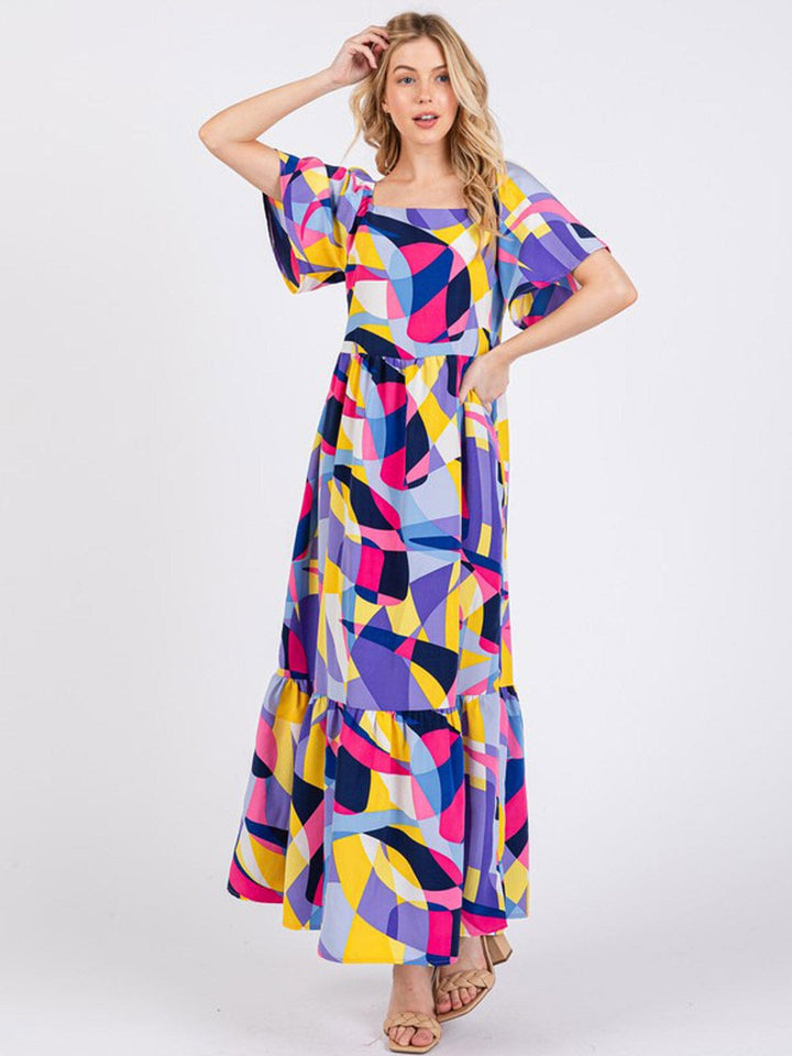 WOMEN'S SHORT SLEEVE FRONT POCKETS MULTI PRINT MAXI DRESS