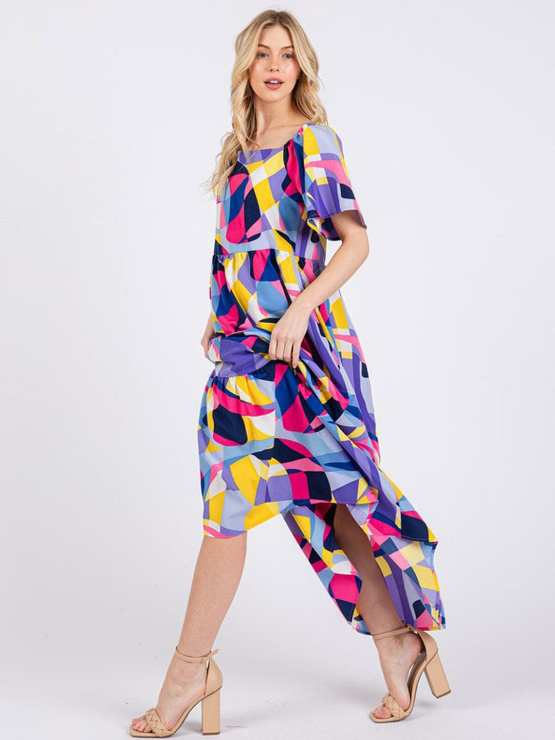WOMEN'S SHORT SLEEVE FRONT POCKETS MULTI PRINT MAXI DRESS