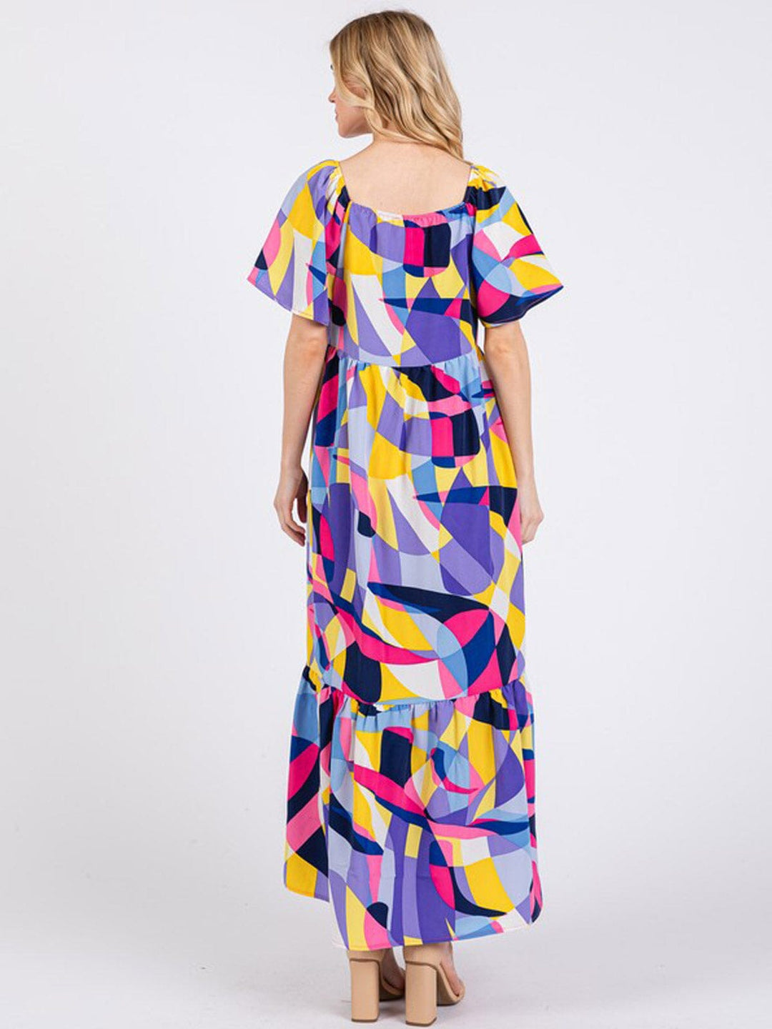 WOMEN'S SHORT SLEEVE FRONT POCKETS MULTI PRINT MAXI DRESS