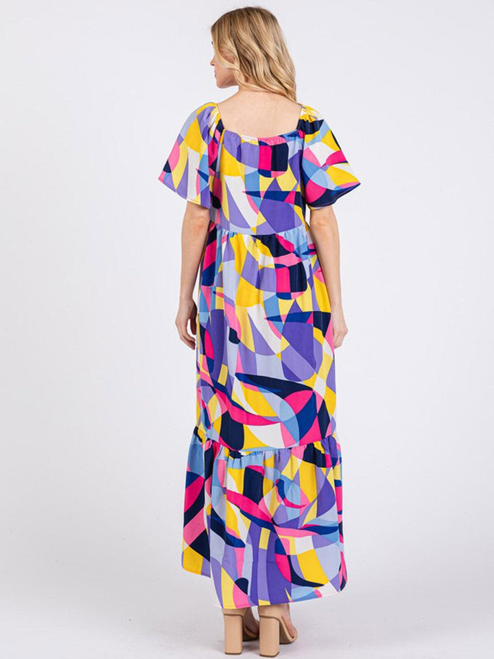 WOMEN'S SHORT SLEEVE FRONT POCKETS MULTI PRINT MAXI DRESS
