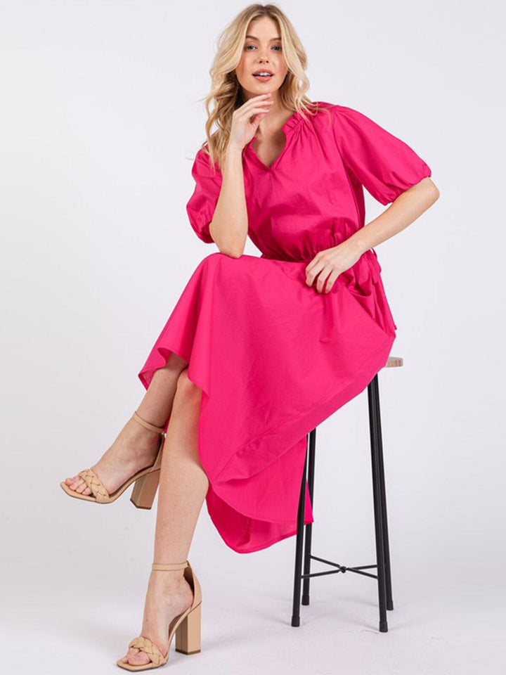WOMEN'S SHORT SLEEVE V-NECK ADJUSTABLE WAIST FRONT POCKETS MAXI DRESS