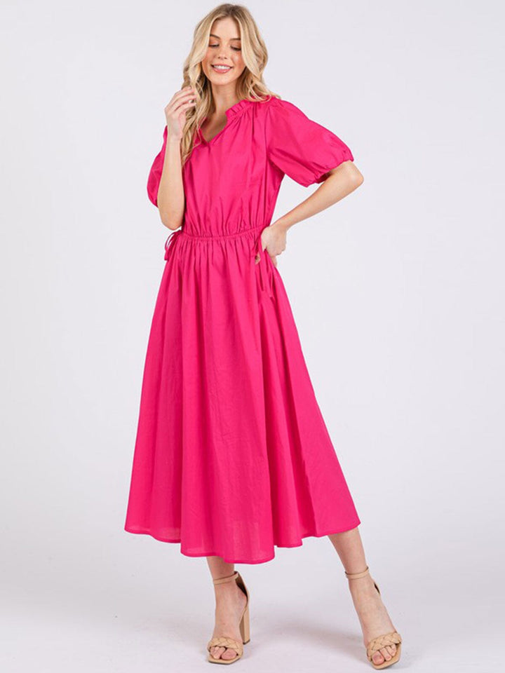 WOMEN'S SHORT SLEEVE V-NECK ADJUSTABLE WAIST FRONT POCKETS MAXI DRESS
