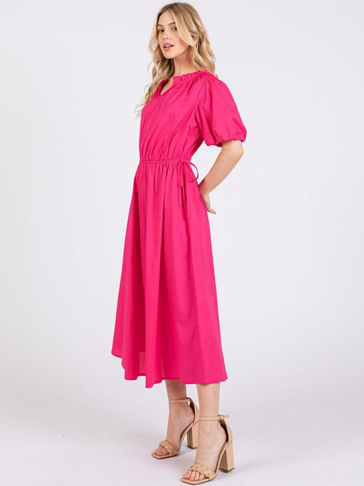 WOMEN'S SHORT SLEEVE V-NECK ADJUSTABLE WAIST FRONT POCKETS MAXI DRESS
