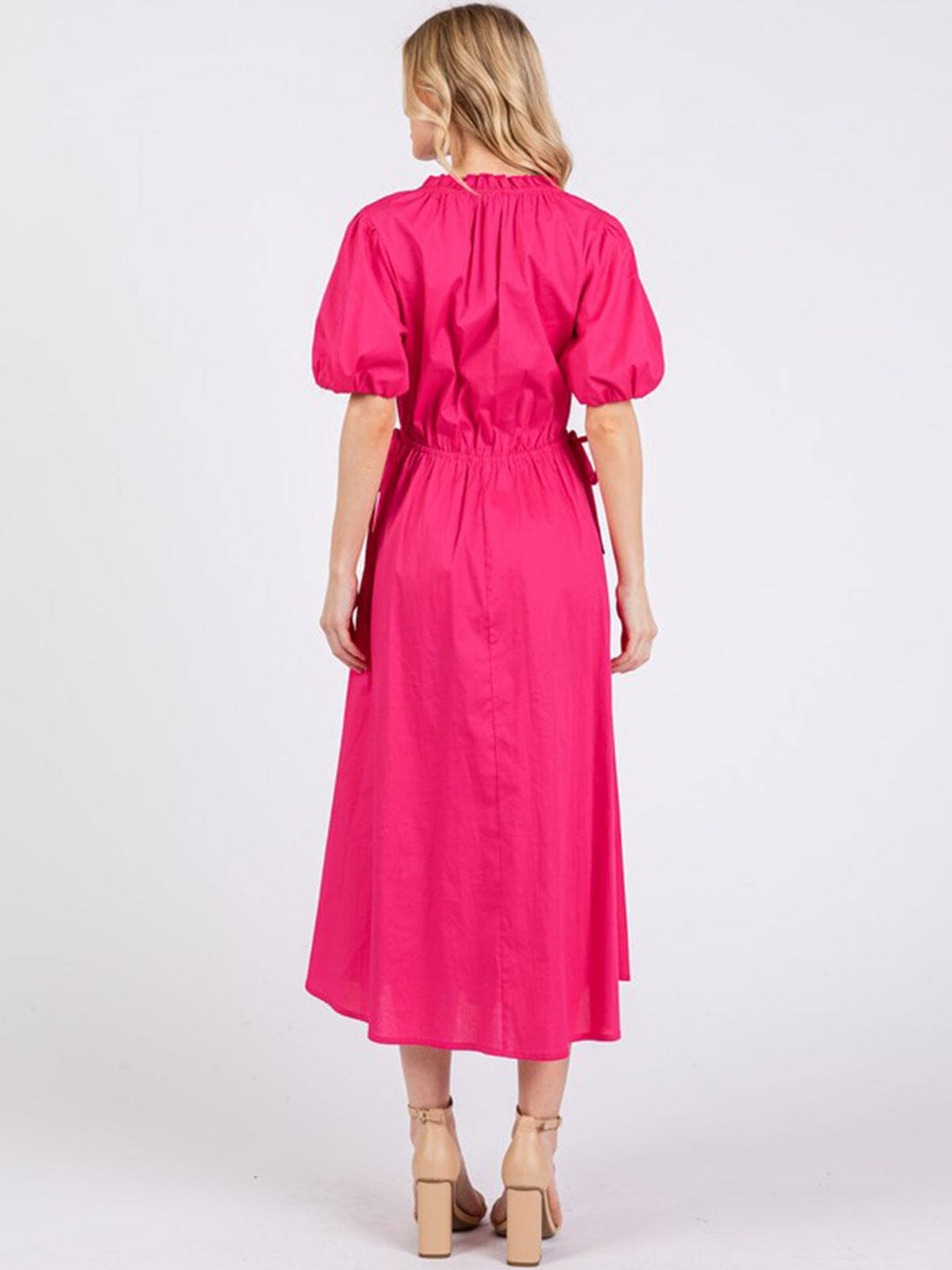WOMEN'S SHORT SLEEVE V-NECK ADJUSTABLE WAIST FRONT POCKETS MAXI DRESS