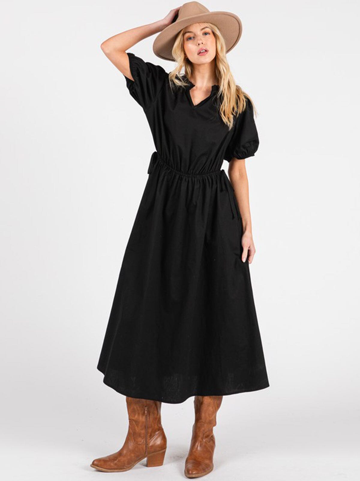 WOMEN'S SHORT SLEEVE V-NECK ADJUSTABLE WAIST FRONT POCKETS MAXI DRESS