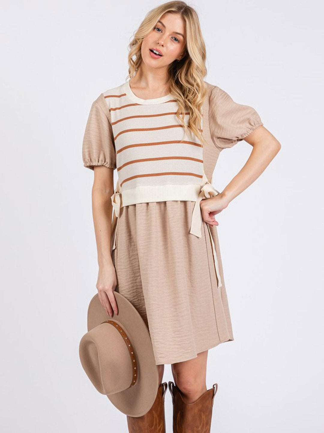 WOMEN'S SHORT SLEEVE SELF TIE TUNIC COLORBLOCK CONTRAST MINI DRESS