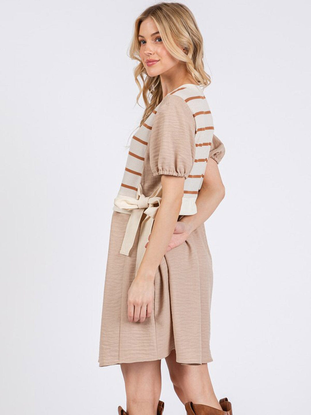 WOMEN'S SHORT SLEEVE SELF TIE TUNIC COLORBLOCK CONTRAST MINI DRESS