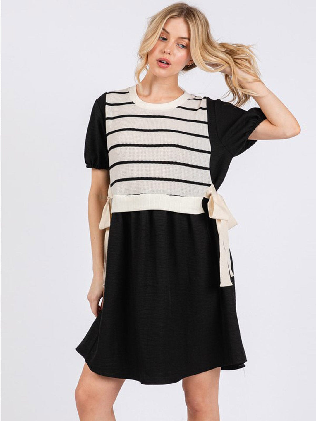 WOMEN'S SHORT SLEEVE SELF TIE TUNIC COLORBLOCK CONTRAST MINI DRESS