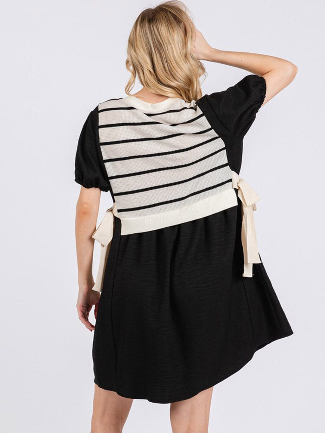 WOMEN'S SHORT SLEEVE SELF TIE TUNIC COLORBLOCK CONTRAST MINI DRESS