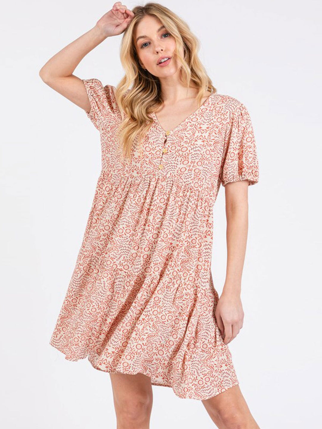 WOMEN'S SHORT SLEEVE V-NECK TIERED LOOSE FIT FLORAL MINI DRESS