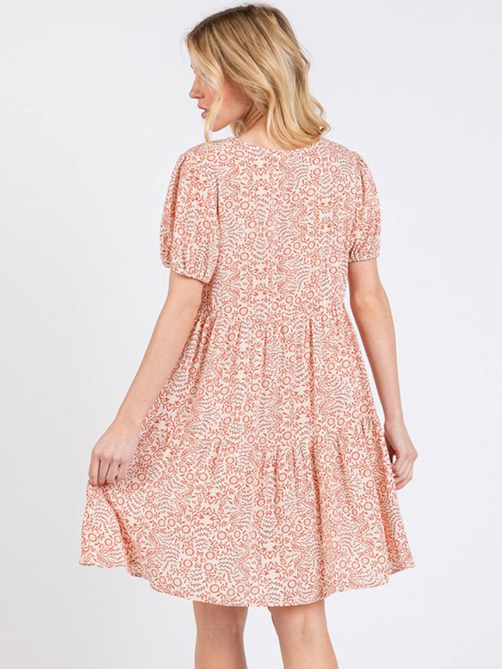 WOMEN'S SHORT SLEEVE V-NECK TIERED LOOSE FIT FLORAL MINI DRESS