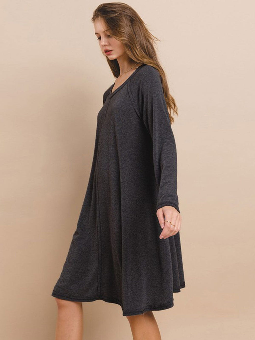 WOMEN'S LONG SLEEVE FRONT POCKETS TUNIC MINI DRESS