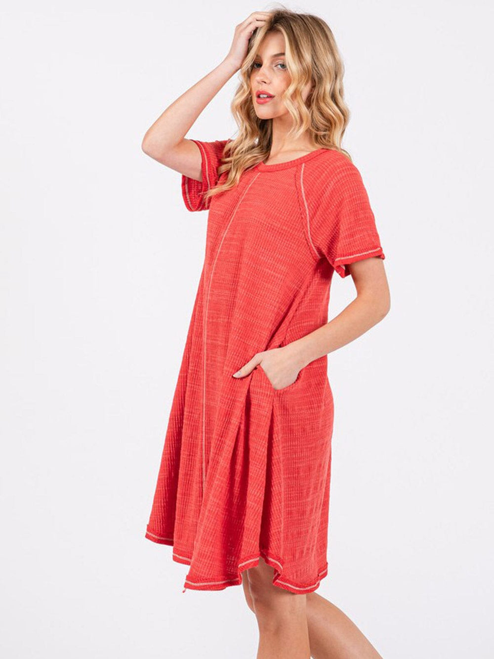 WOMEN'S SHORT SLEEVE FRONT POCKETS TUNIC MINI DRESS