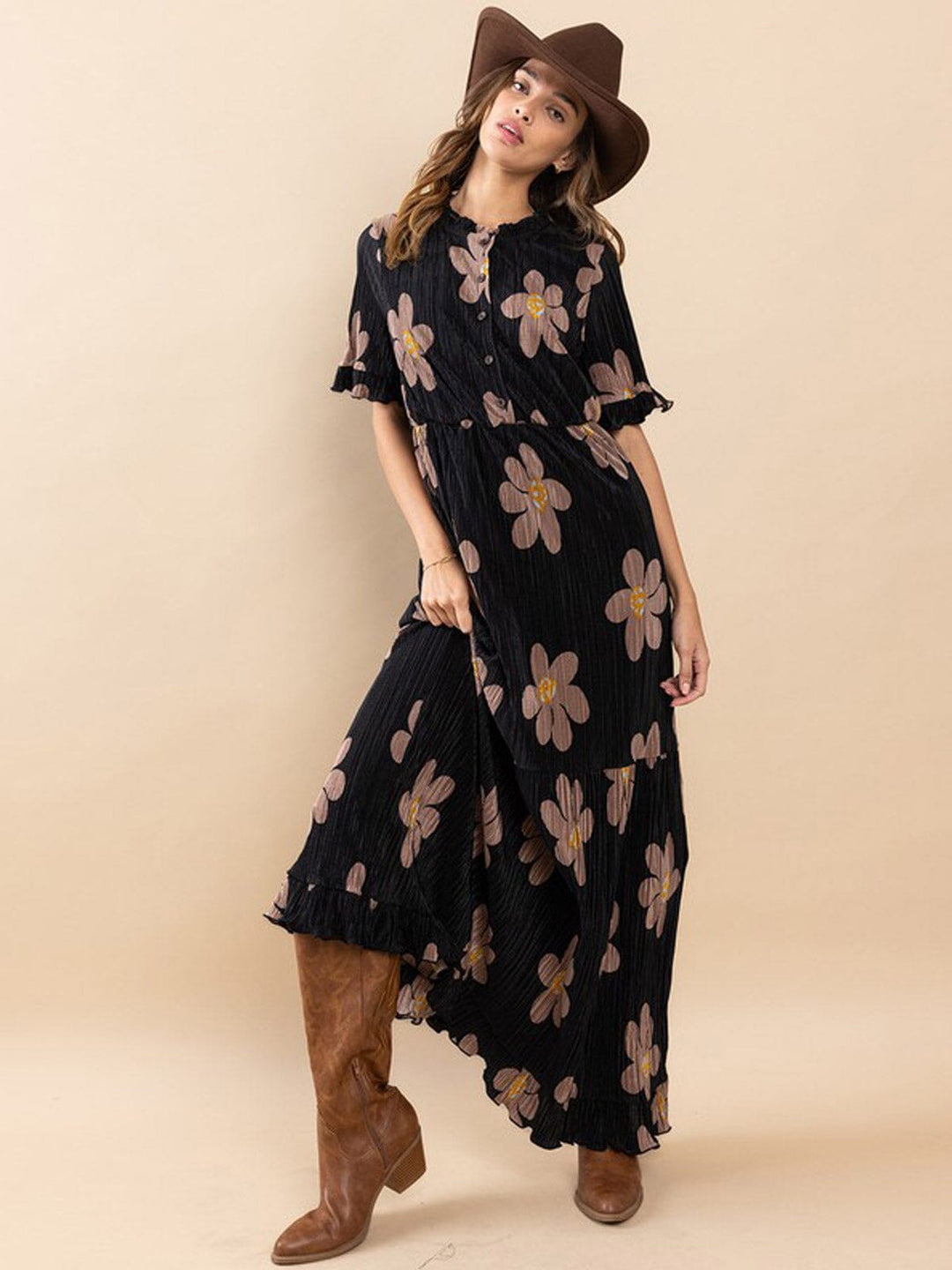 WOMEN'S SHORT SLEEVES RUFFLE ELASTIC WAIST FLORAL MAXI DRESS