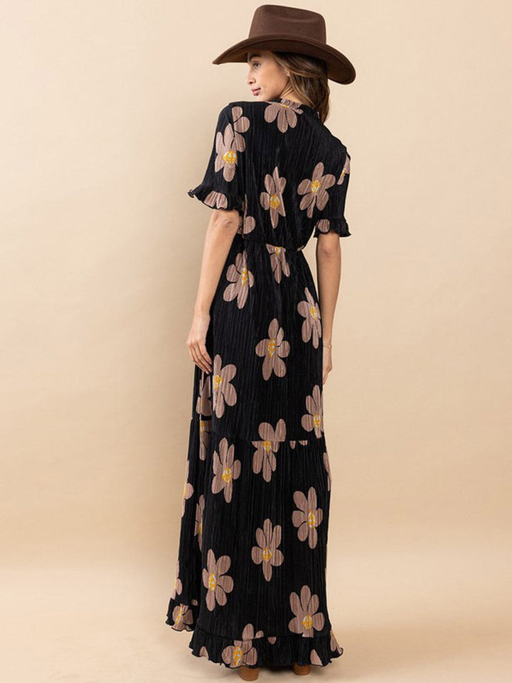WOMEN'S SHORT SLEEVES RUFFLE ELASTIC WAIST FLORAL MAXI DRESS