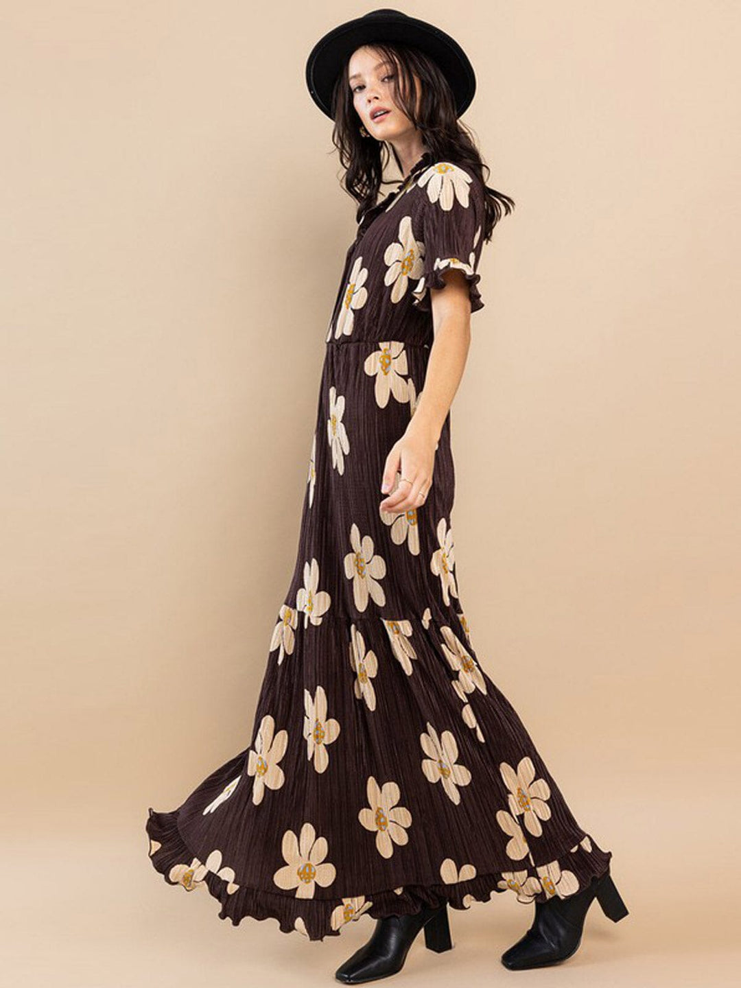 WOMEN'S SHORT SLEEVES RUFFLE ELASTIC WAIST FLORAL MAXI DRESS
