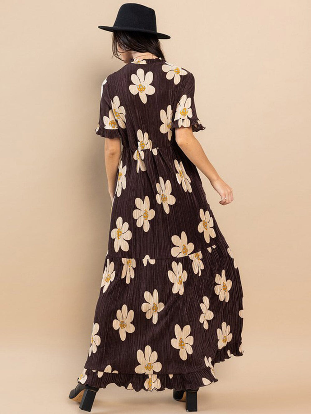 WOMEN'S SHORT SLEEVES RUFFLE ELASTIC WAIST FLORAL MAXI DRESS