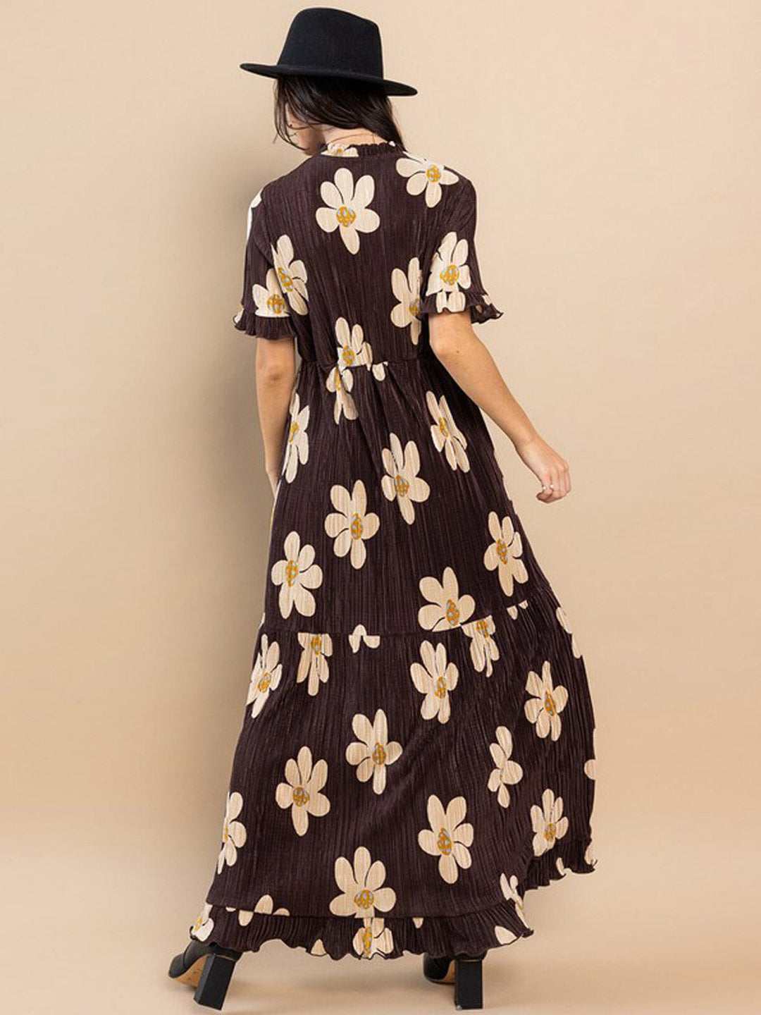 WOMEN'S SHORT SLEEVES RUFFLE ELASTIC WAIST FLORAL MAXI DRESS