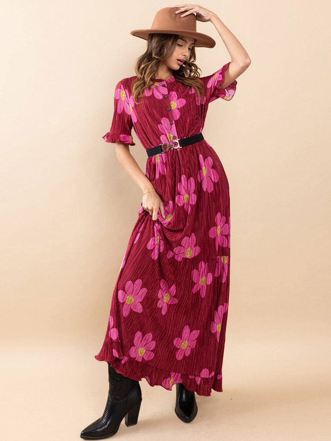 WOMEN'S SHORT SLEEVES RUFFLE ELASTIC WAIST FLORAL MAXI DRESS