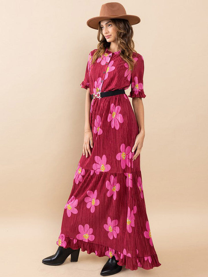 WOMEN'S SHORT SLEEVES RUFFLE ELASTIC WAIST FLORAL MAXI DRESS