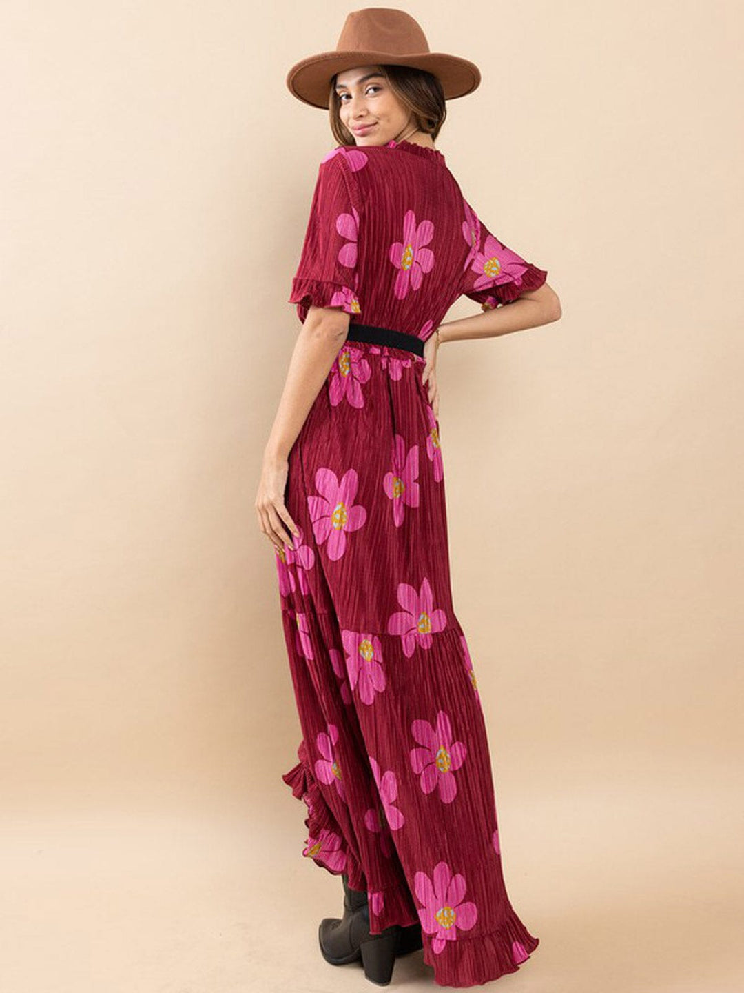 WOMEN'S SHORT SLEEVES RUFFLE ELASTIC WAIST FLORAL MAXI DRESS