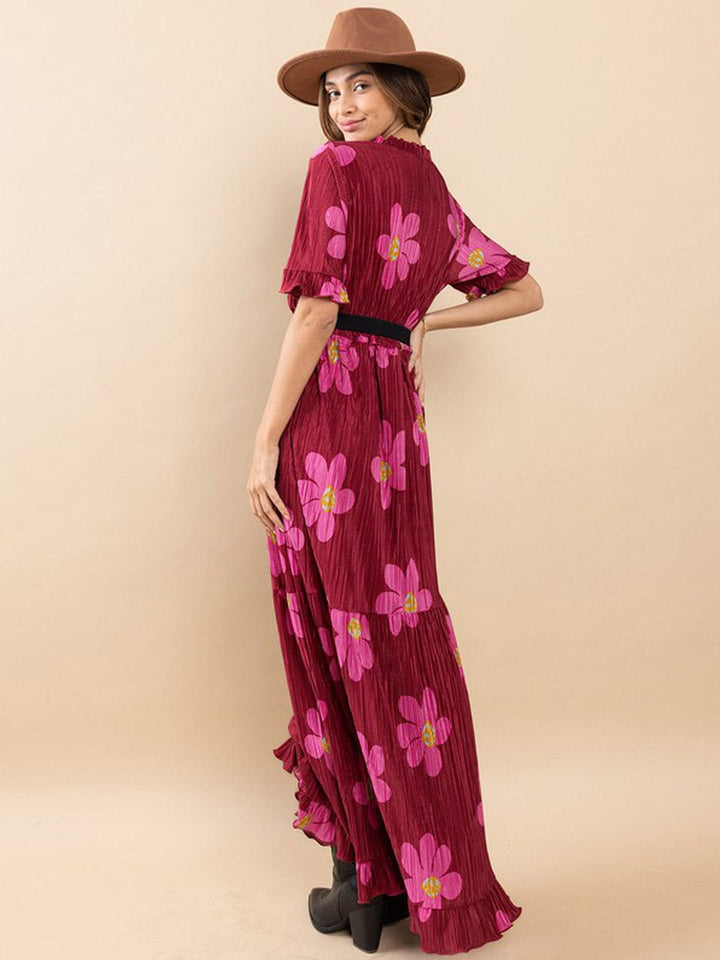 WOMEN'S SHORT SLEEVES RUFFLE ELASTIC WAIST FLORAL MAXI DRESS