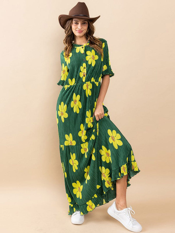 WOMEN'S SHORT SLEEVES RUFFLE ELASTIC WAIST FLORAL MAXI DRESS