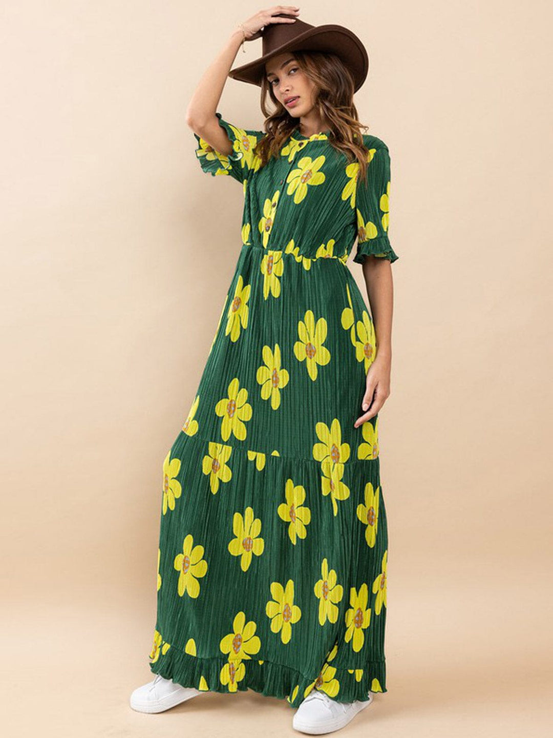 WOMEN'S SHORT SLEEVES RUFFLE ELASTIC WAIST FLORAL MAXI DRESS