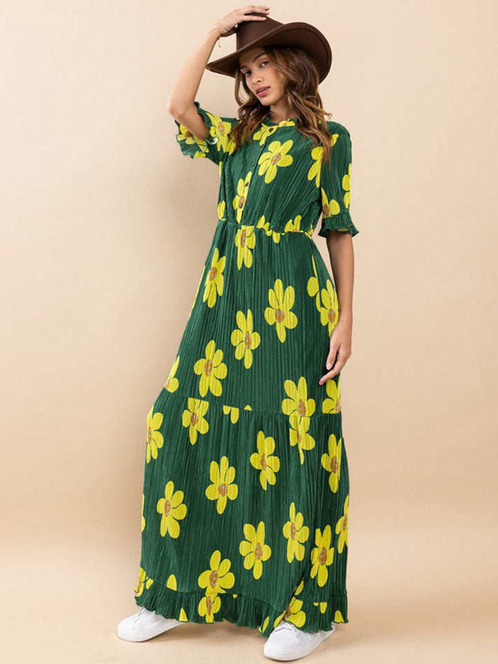 WOMEN'S SHORT SLEEVES RUFFLE ELASTIC WAIST FLORAL MAXI DRESS