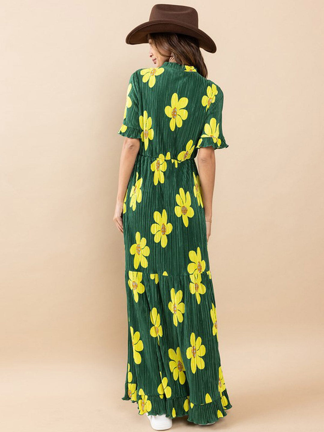 WOMEN'S SHORT SLEEVES RUFFLE ELASTIC WAIST FLORAL MAXI DRESS