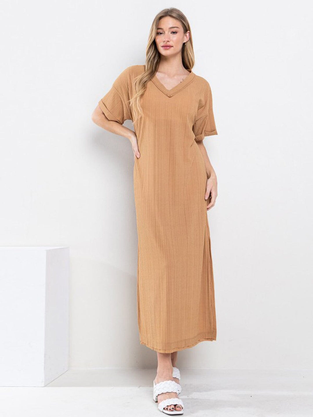 WOMEN'S SHORT SLEEVE V-NECK TUNIC RIBBED MAXI DRESS
