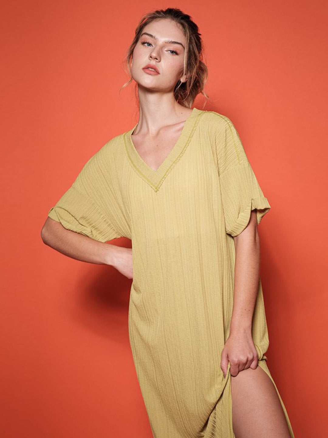 WOMEN'S SHORT SLEEVE V-NECK TUNIC RIBBED MAXI DRESS