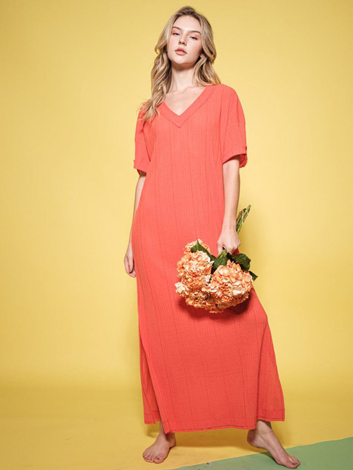 WOMEN'S SHORT SLEEVE V-NECK TUNIC RIBBED MAXI DRESS