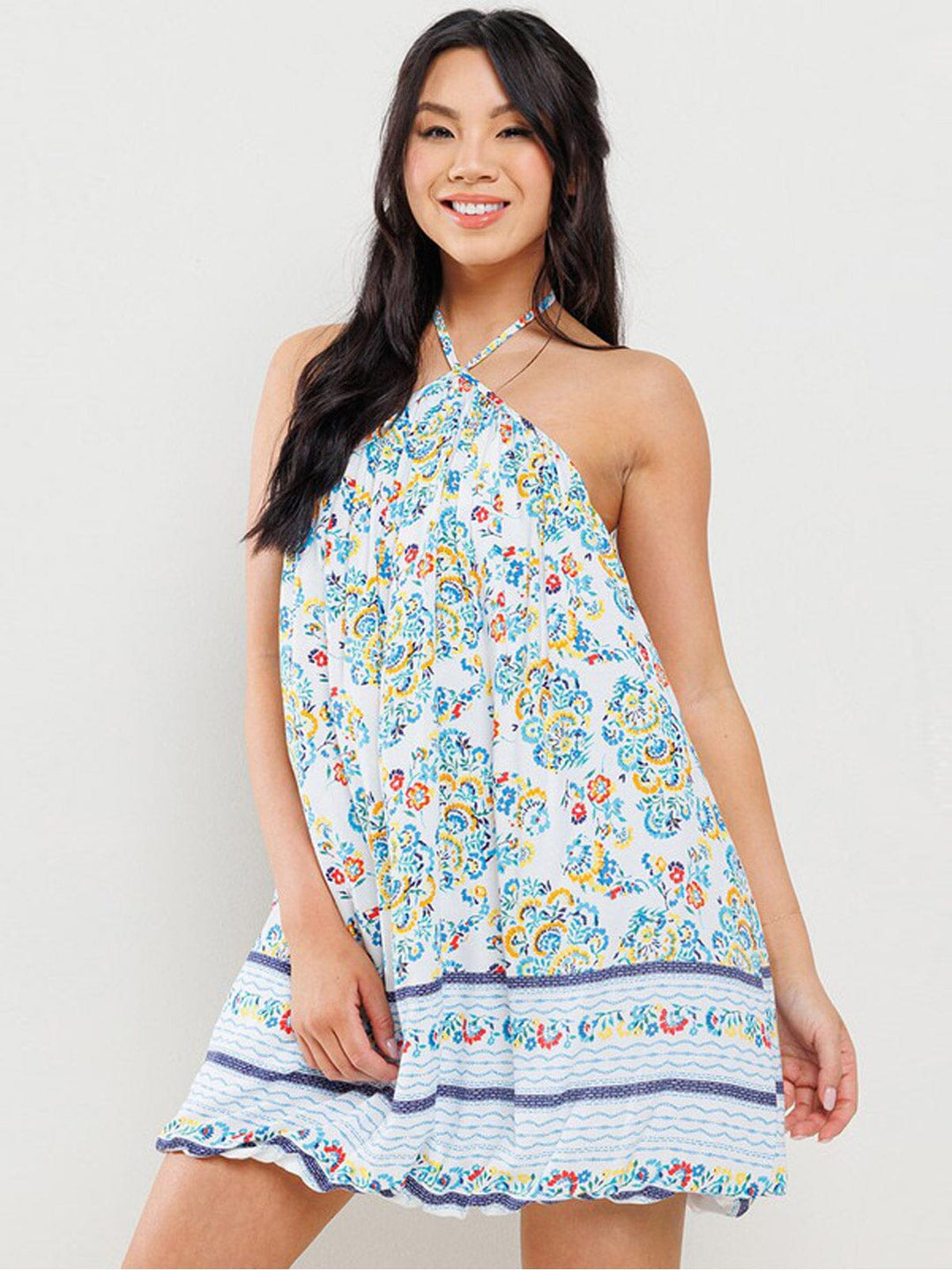 WOMEN'S SLEEVELESS HALTER NECK OPEN BACK FLORAL MINI DRESS