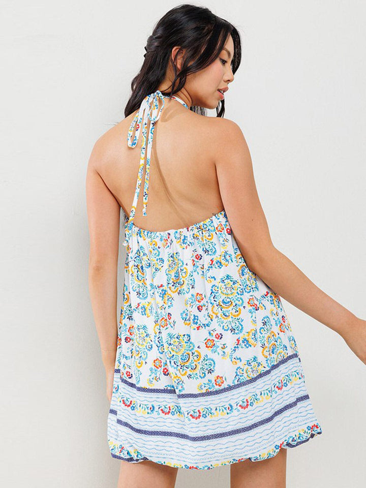 WOMEN'S SLEEVELESS HALTER NECK OPEN BACK FLORAL MINI DRESS