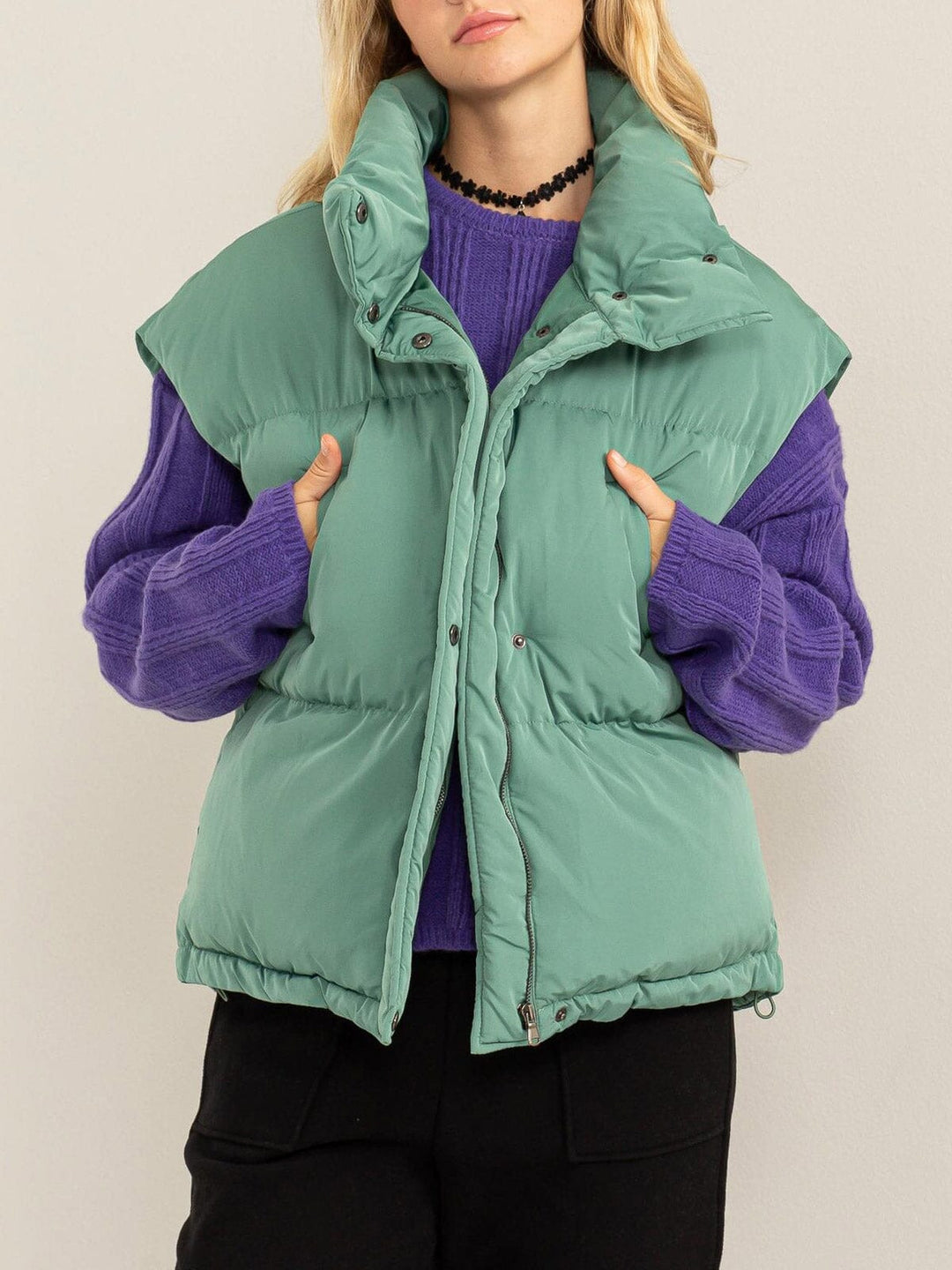 WOMEN'S SLEEVELESS BUTTON & ZIPPER CLOSURE POCKETS PUFFER VEST ...